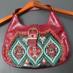 Isabella Fiore Mid Size Embroidered and Studded Burgundy Shoulder Bag